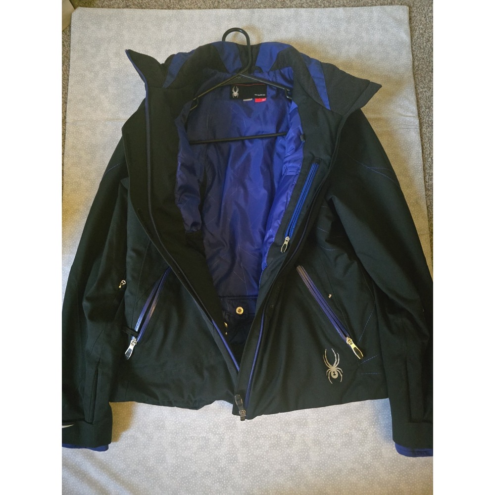 Spyder Womens Size 10 Ski Coat Black & Royal Blue, Zipper Pocket, Powder Skirt